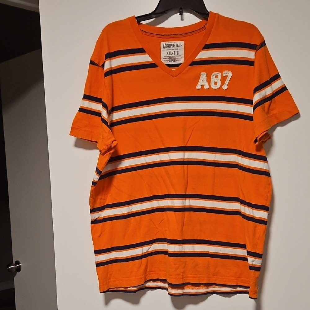Aeropostale Men's Orange and White Striped Tee